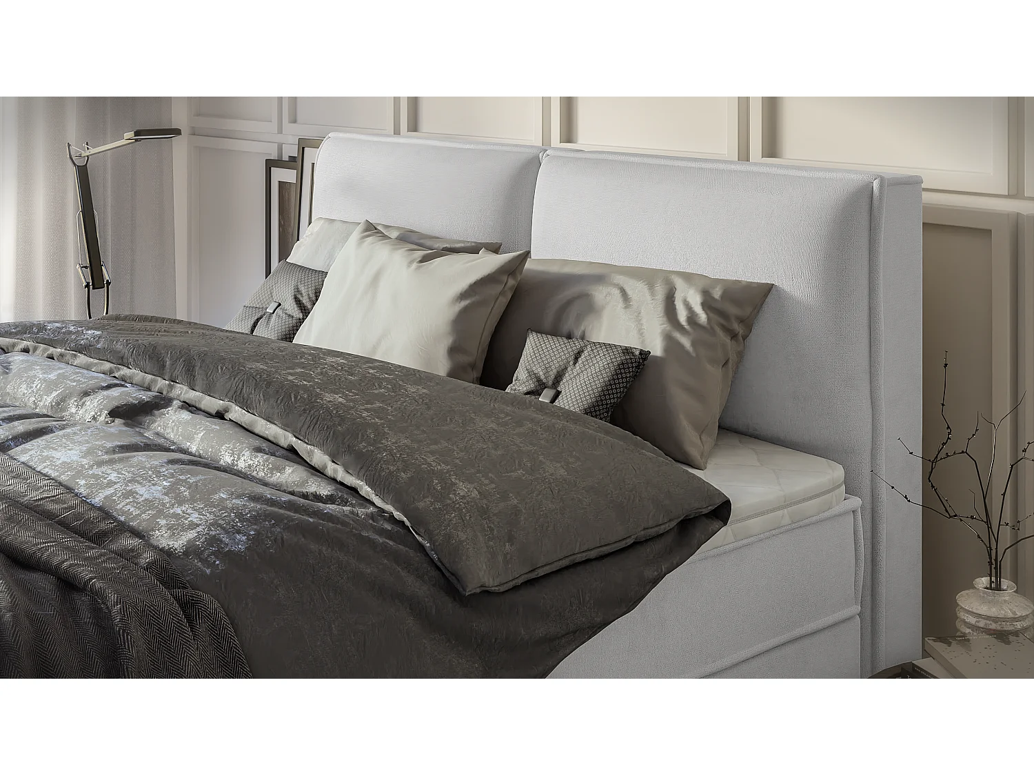 Dexter - Modernes Boxspringbett 180x200 mit Topper und Bettkästen aus Silber Luxusmicrofaser