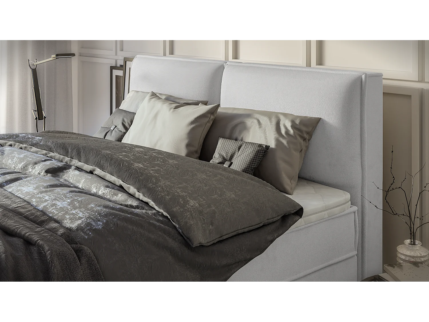 Dexter - Modernes Boxspringbett 180x200 mit Topper und Bettkästen aus Silber Luxusmicrofaser