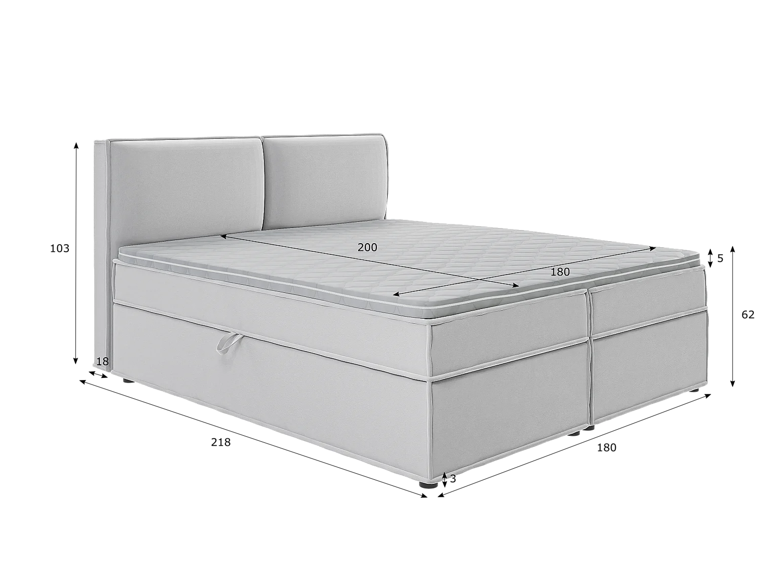 Dexter - Modernes Boxspringbett 180x200 mit Topper und Bettkästen aus Silber Luxusmicrofaser