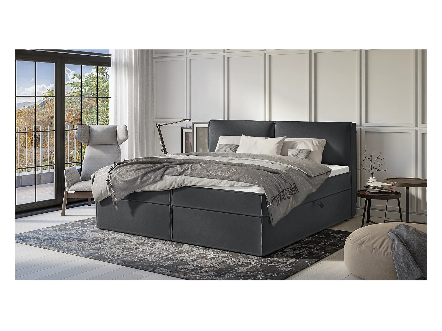 Dexter - Modernes Boxspringbett 200x200 mit Topper und Bettkästen aus Graphit Luxusmicrofaser