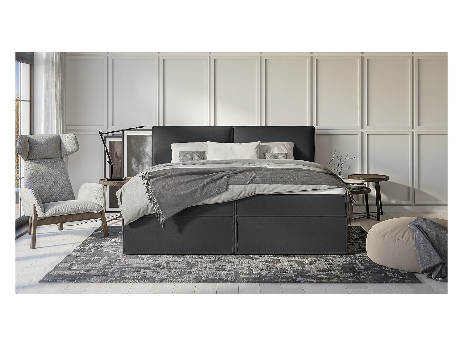 Dexter - Modernes Boxspringbett 200x200 mit Topper und Bettkästen aus Graphit Luxusmicrofaser