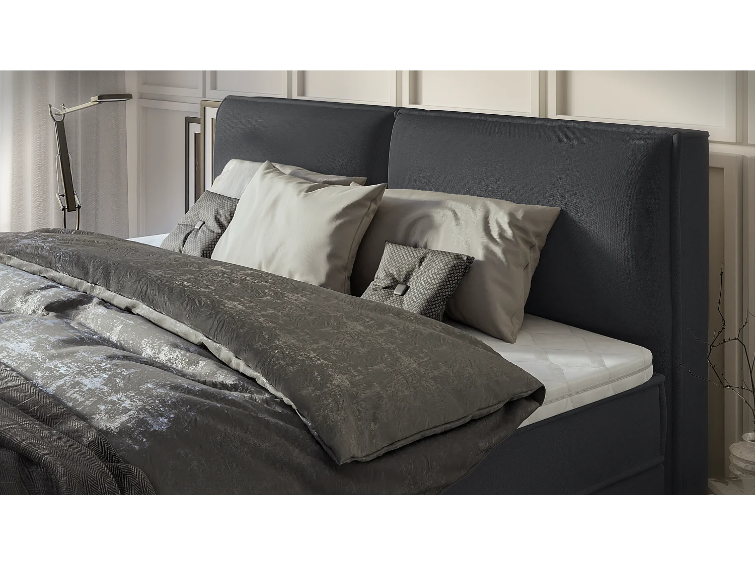 Dexter - Modernes Boxspringbett 200x200 mit Topper und Bettkästen aus Graphit Luxusmicrofaser