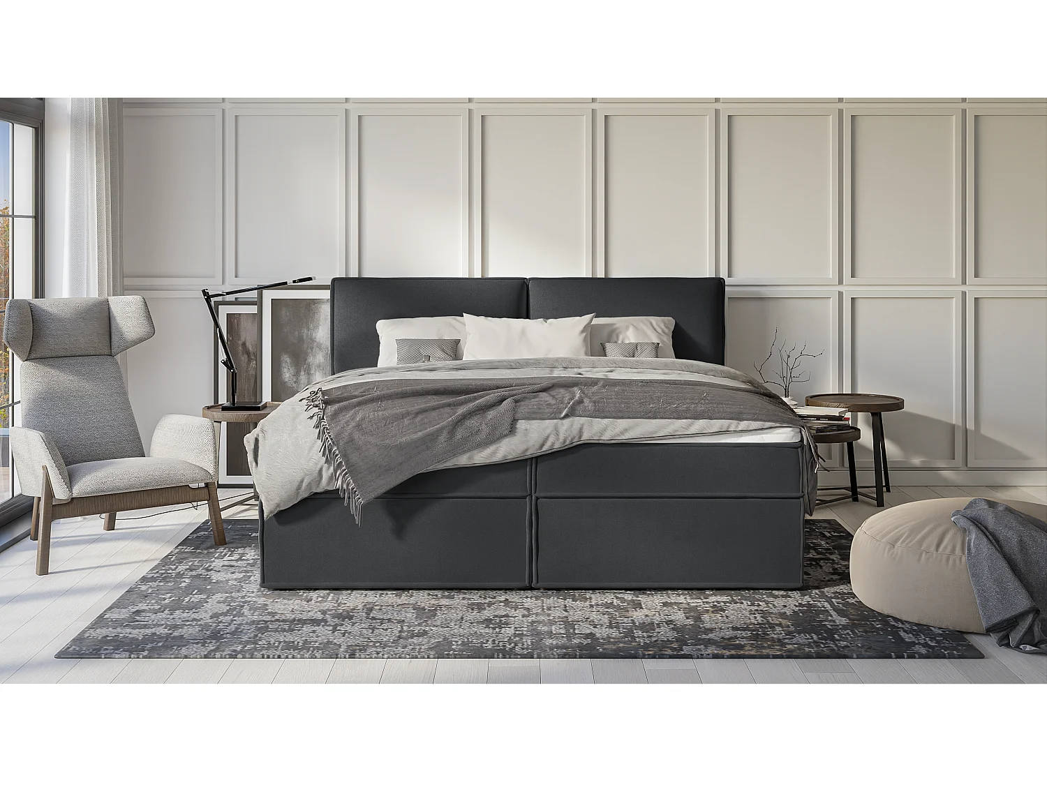 Dexter - Modernes Boxspringbett 200x200 mit Topper und Bettkästen aus Graphit Luxusmicrofaser