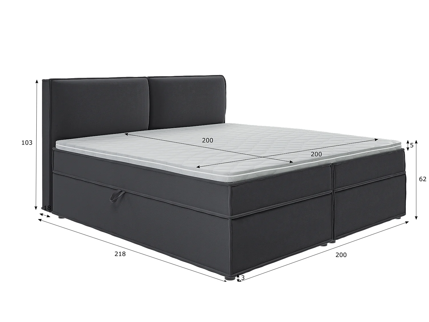 Dexter - Modernes Boxspringbett 200x200 mit Topper und Bettkästen aus Graphit Luxusmicrofaser
