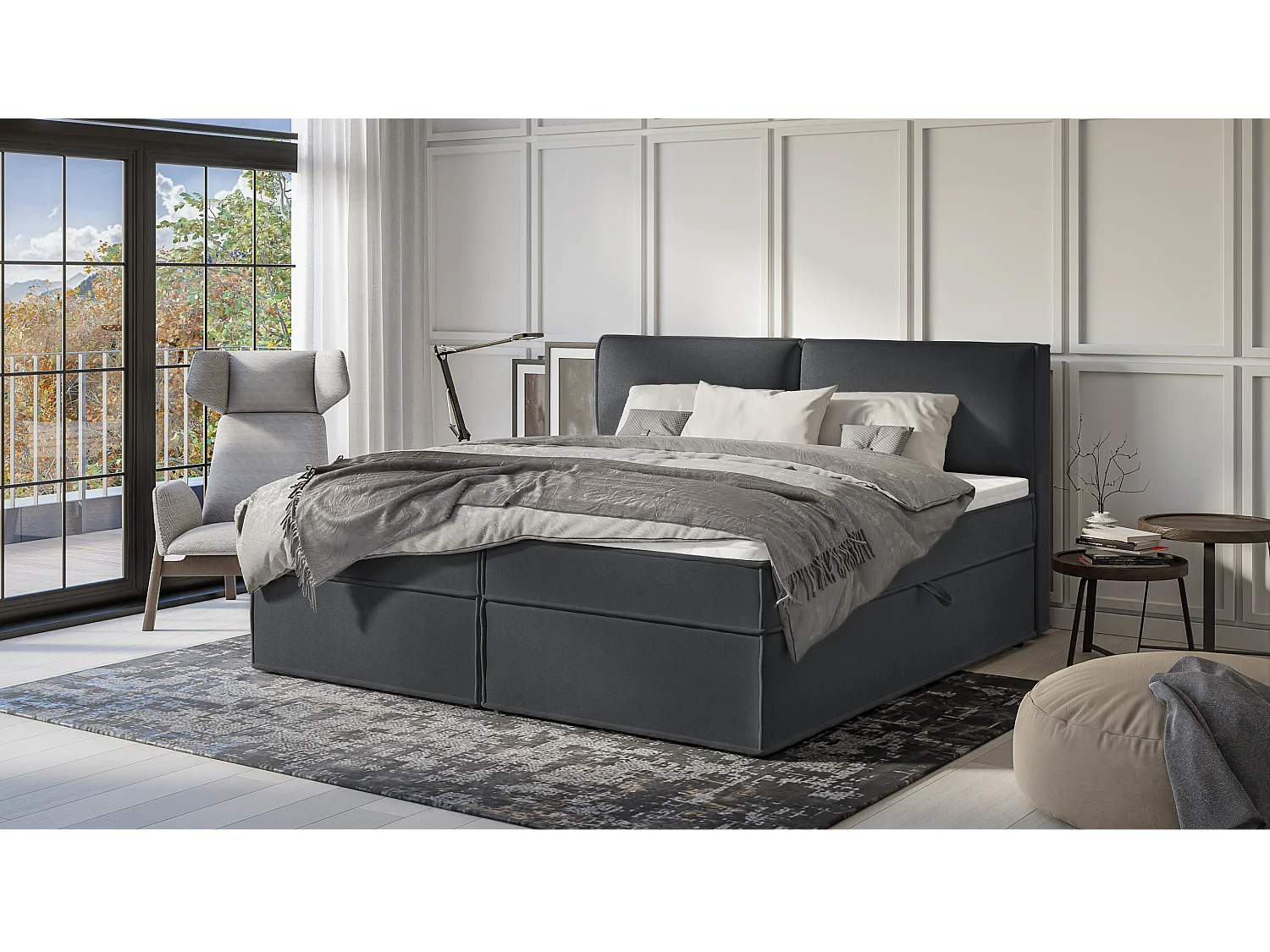 Dexter - Modernes Boxspringbett 200x200 mit Topper und Bettkästen aus Graphit Luxusmicrofaser