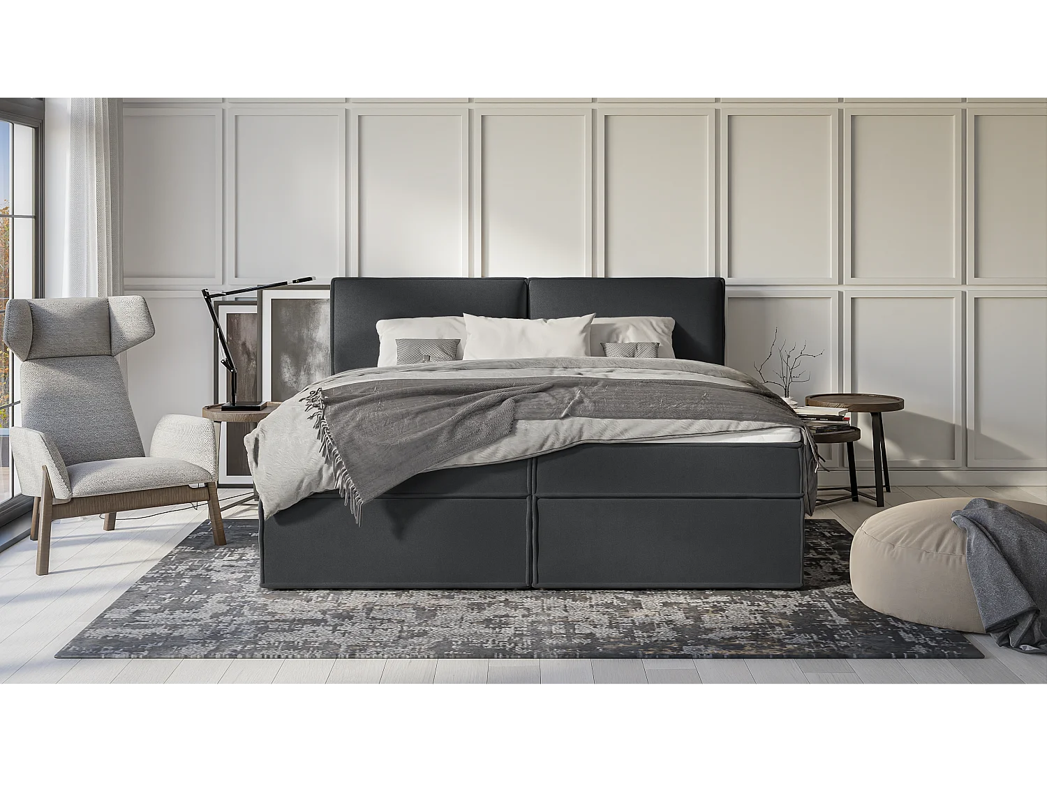 Dexter - Modernes Boxspringbett 200x200 mit Topper und Bettkästen aus Graphit Luxusmicrofaser