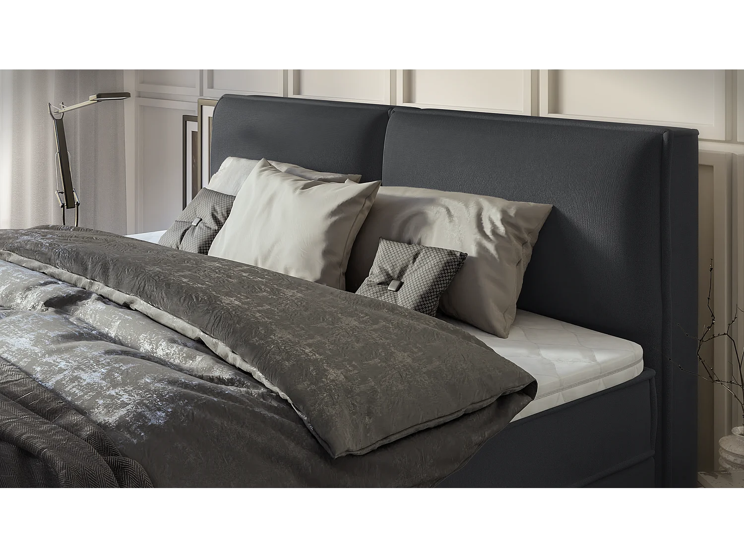 Dexter - Modernes Boxspringbett 200x200 mit Topper und Bettkästen aus Graphit Luxusmicrofaser