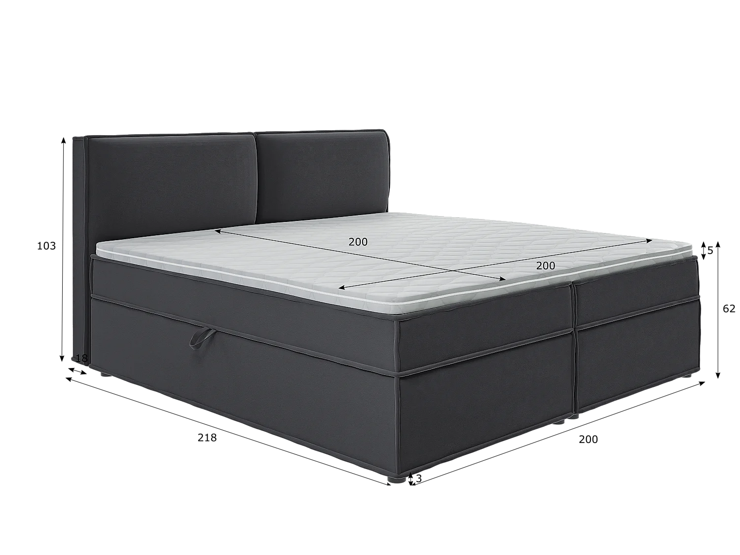 Dexter - Modernes Boxspringbett 200x200 mit Topper und Bettkästen aus Graphit Luxusmicrofaser