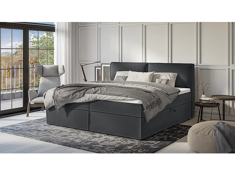 Dexter - Modernes Boxspringbett 200x200 mit Topper und Bettkästen aus Graphit Luxusmicrofaser