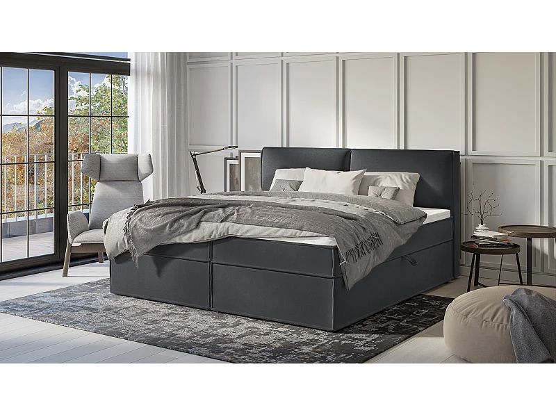 Dexter - Modernes Boxspringbett 200x200 mit Topper und Bettkästen aus Graphit Luxusmicrofaser