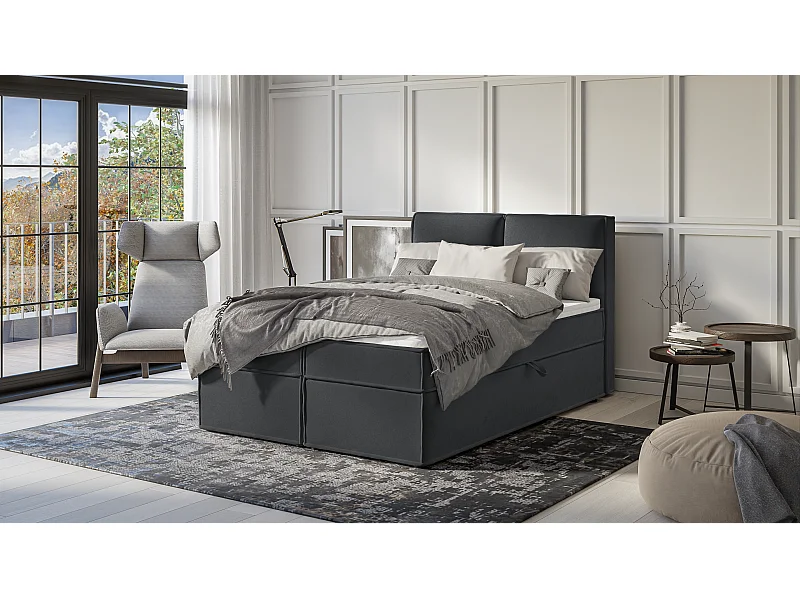 Dexter - Modernes Boxspringbett 140x200 mit Topper und Bettkästen aus Graphit Luxusmicrofaser