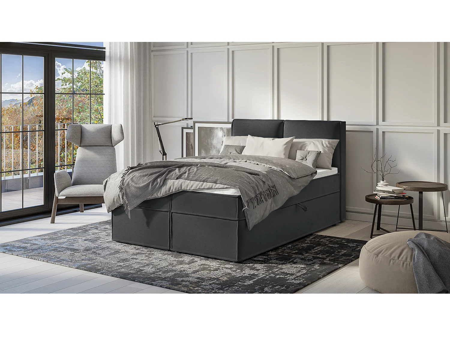 Dexter - Modernes Boxspringbett 140x200 mit Topper und Bettkästen aus Graphit Luxusmicrofaser