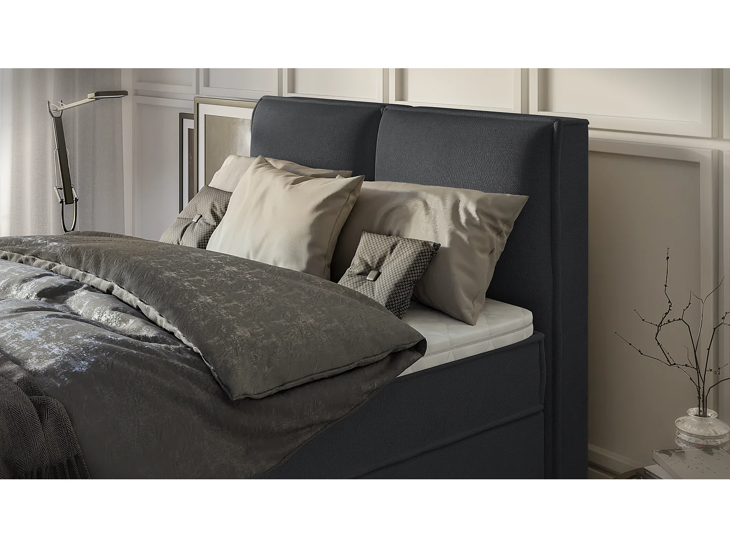 Dexter - Modernes Boxspringbett 140x200 mit Topper und Bettkästen aus Graphit Luxusmicrofaser