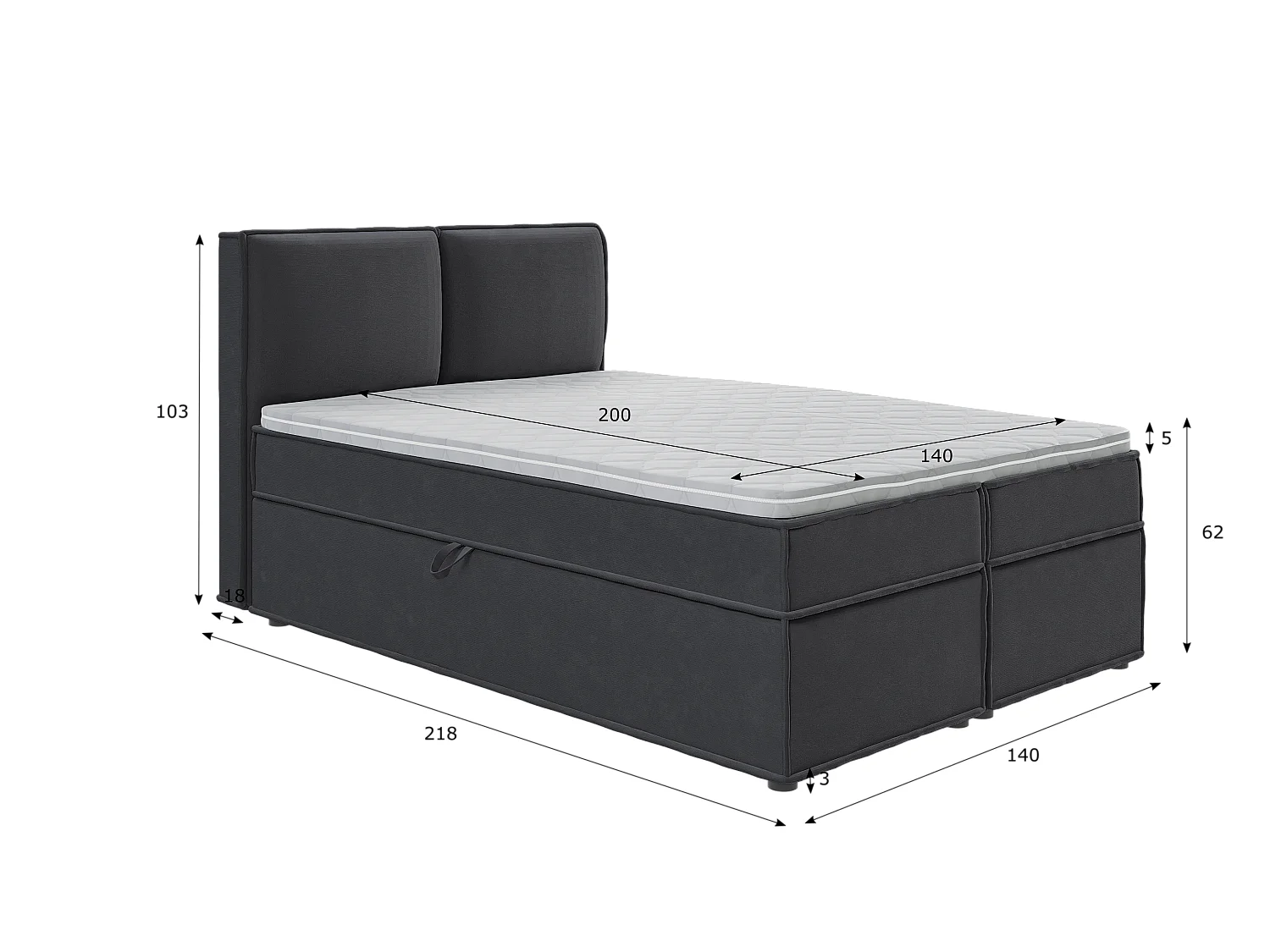 Dexter - Modernes Boxspringbett 140x200 mit Topper und Bettkästen aus Graphit Luxusmicrofaser