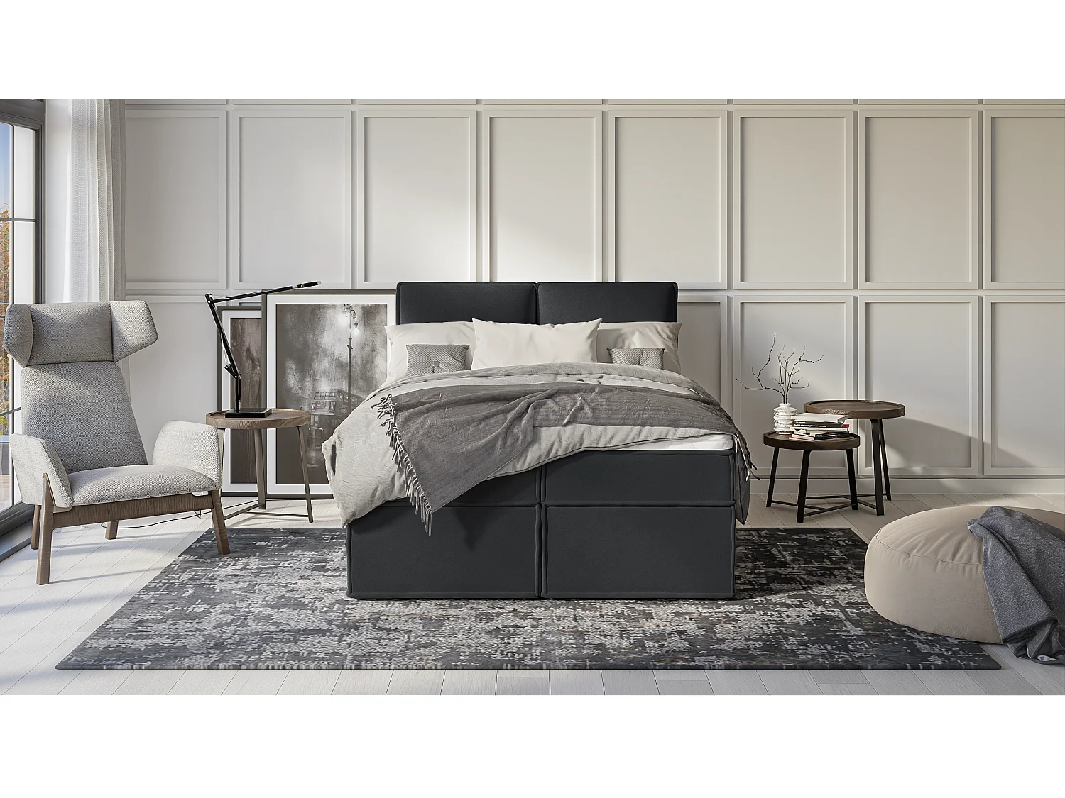 Dexter - Modernes Boxspringbett 140x200 mit Topper und Bettkästen aus Graphit Luxusmicrofaser