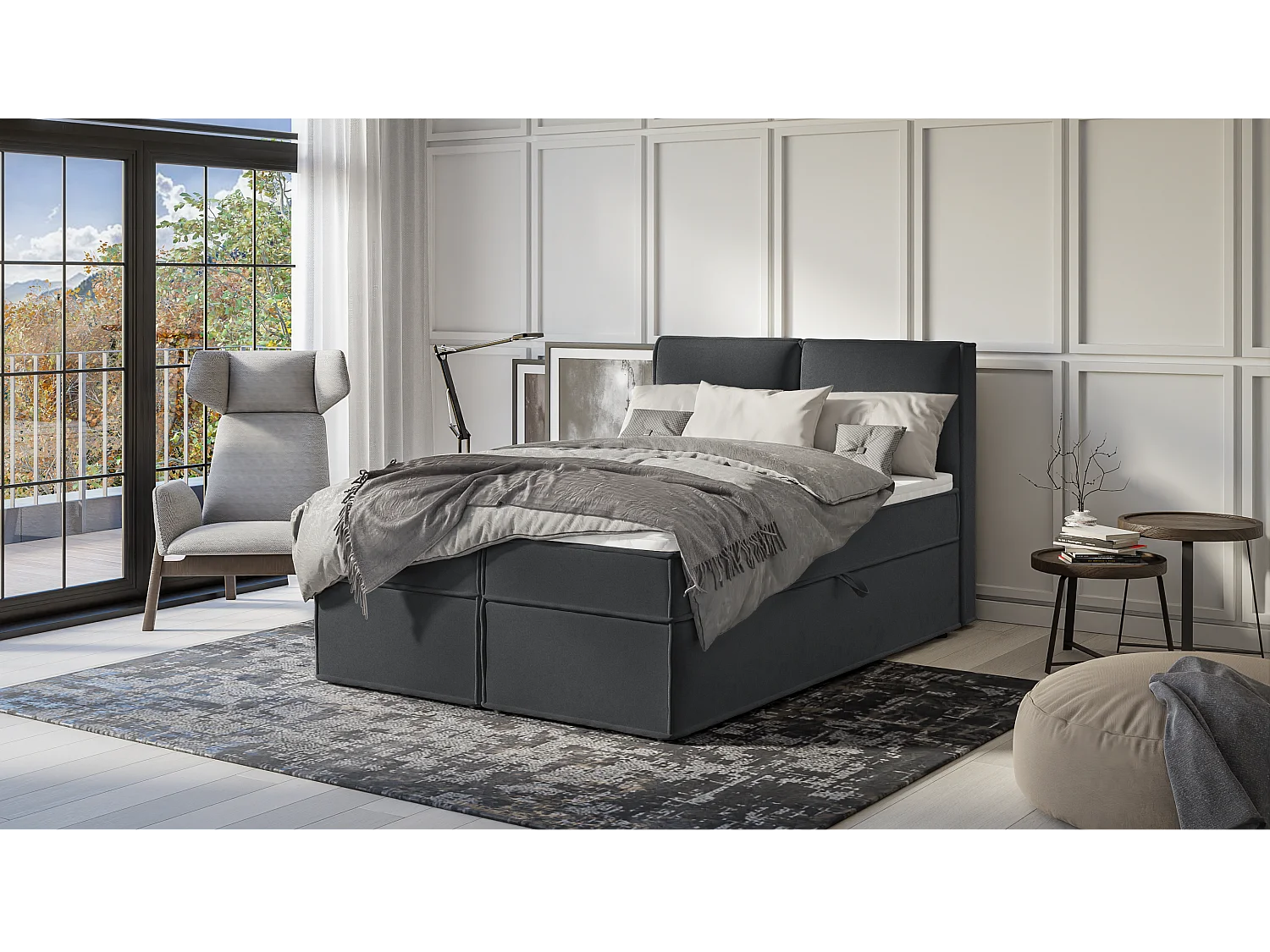 Dexter - Modernes Boxspringbett 140x200 mit Topper und Bettkästen aus Graphit Luxusmicrofaser