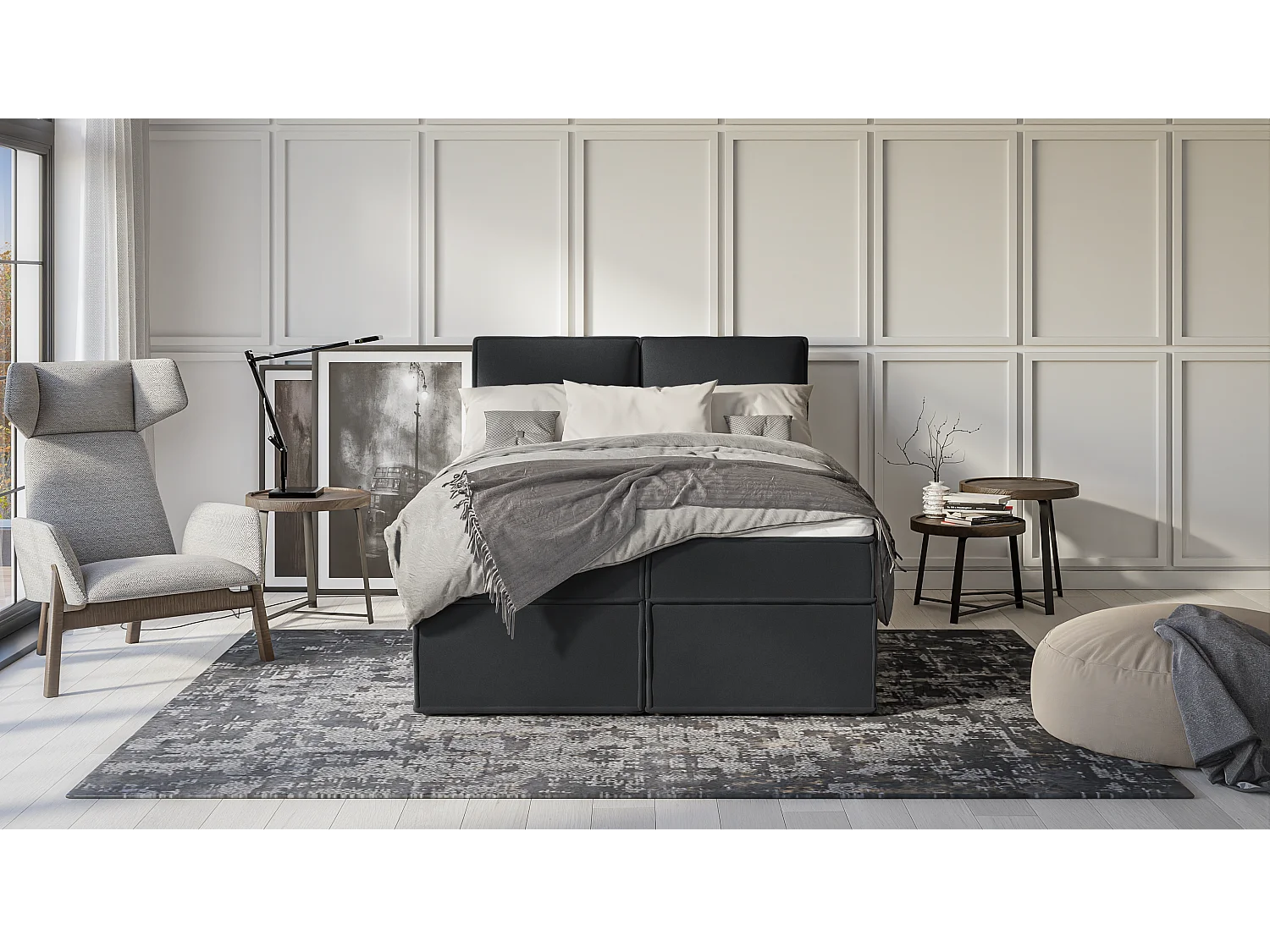 Dexter - Modernes Boxspringbett 140x200 mit Topper und Bettkästen aus Graphit Luxusmicrofaser