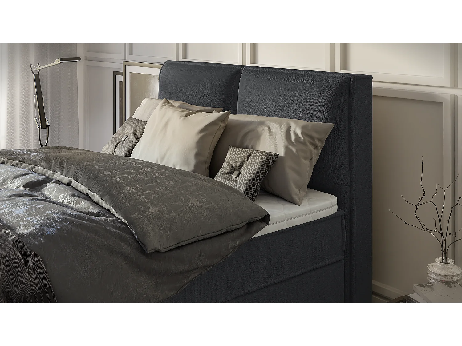 Dexter - Modernes Boxspringbett 140x200 mit Topper und Bettkästen aus Graphit Luxusmicrofaser