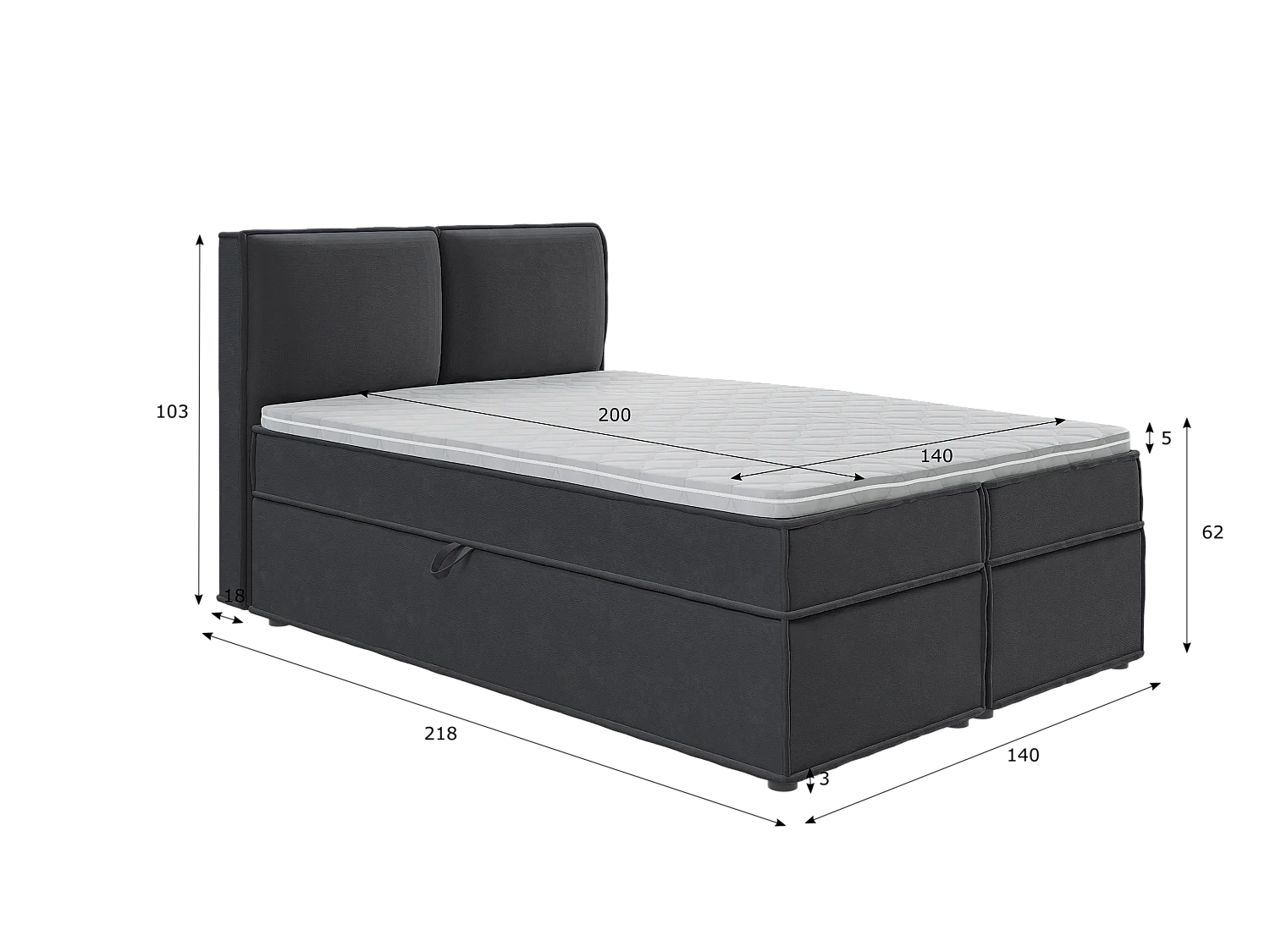 Dexter - Modernes Boxspringbett 140x200 mit Topper und Bettkästen aus Graphit Luxusmicrofaser