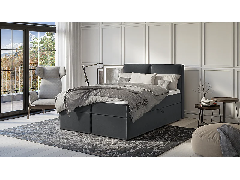 Dexter - Modernes Boxspringbett 140x200 mit Topper und Bettkästen aus Graphit Luxusmicrofaser