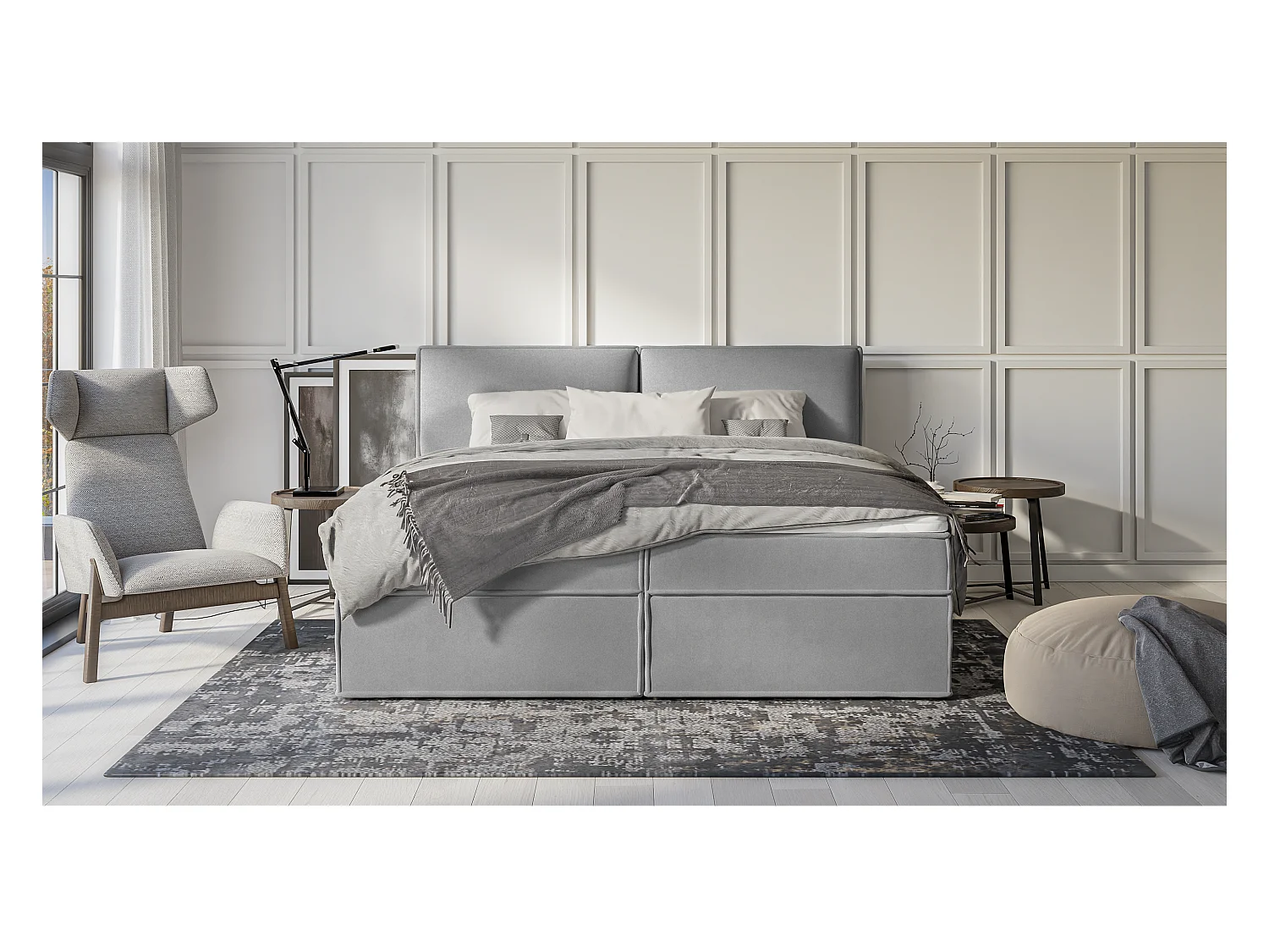 Dexter - Modernes Boxspringbett 200x200 mit Topper und Bettkästen aus Grau Luxusmicrofaser