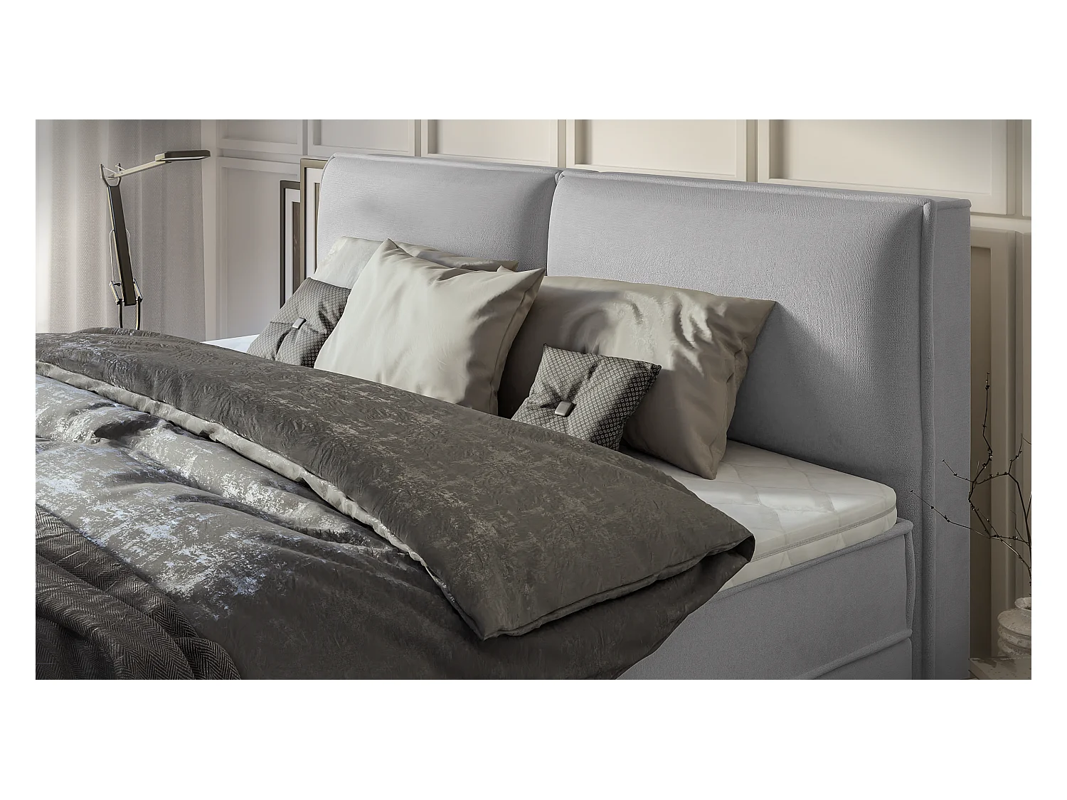 Dexter - Modernes Boxspringbett 200x200 mit Topper und Bettkästen aus Grau Luxusmicrofaser