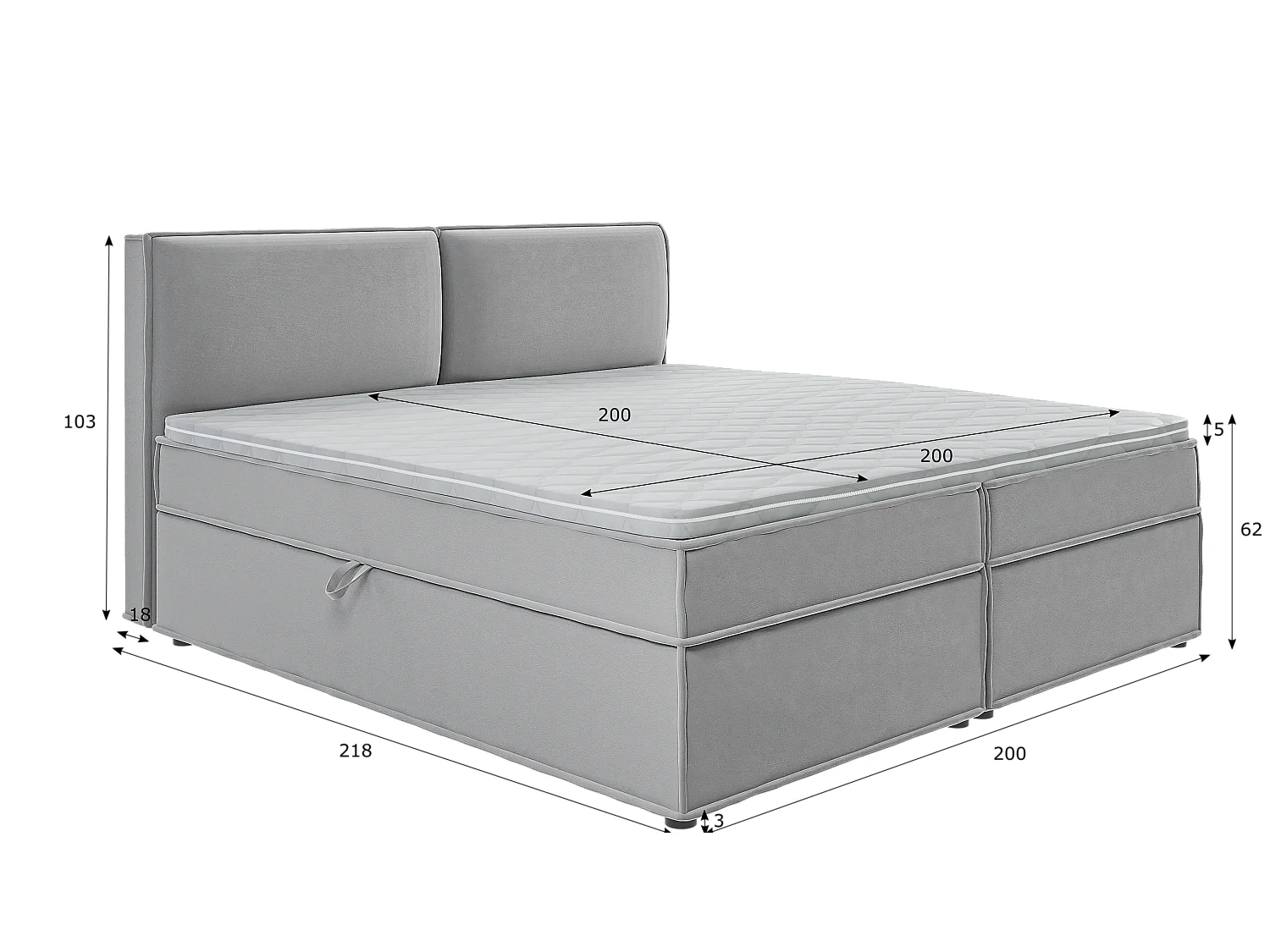 Dexter - Modernes Boxspringbett 200x200 mit Topper und Bettkästen aus Grau Luxusmicrofaser