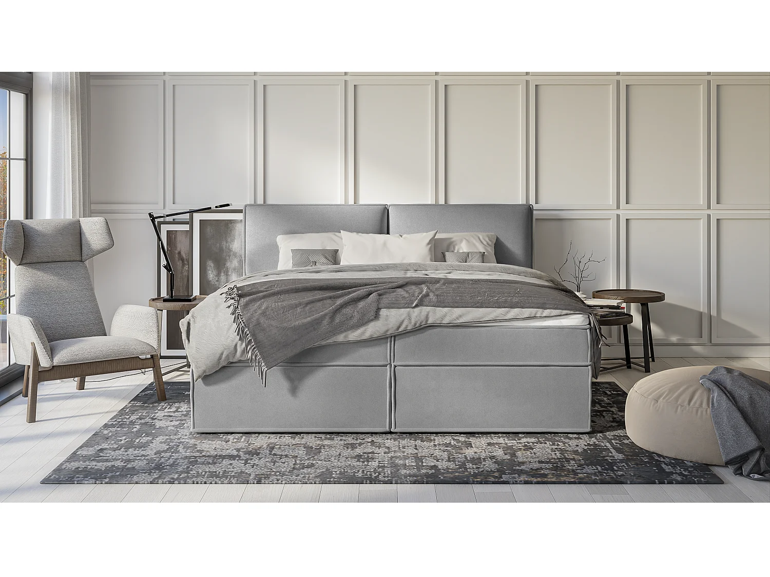 Dexter - Modernes Boxspringbett 200x200 mit Topper und Bettkästen aus Grau Luxusmicrofaser