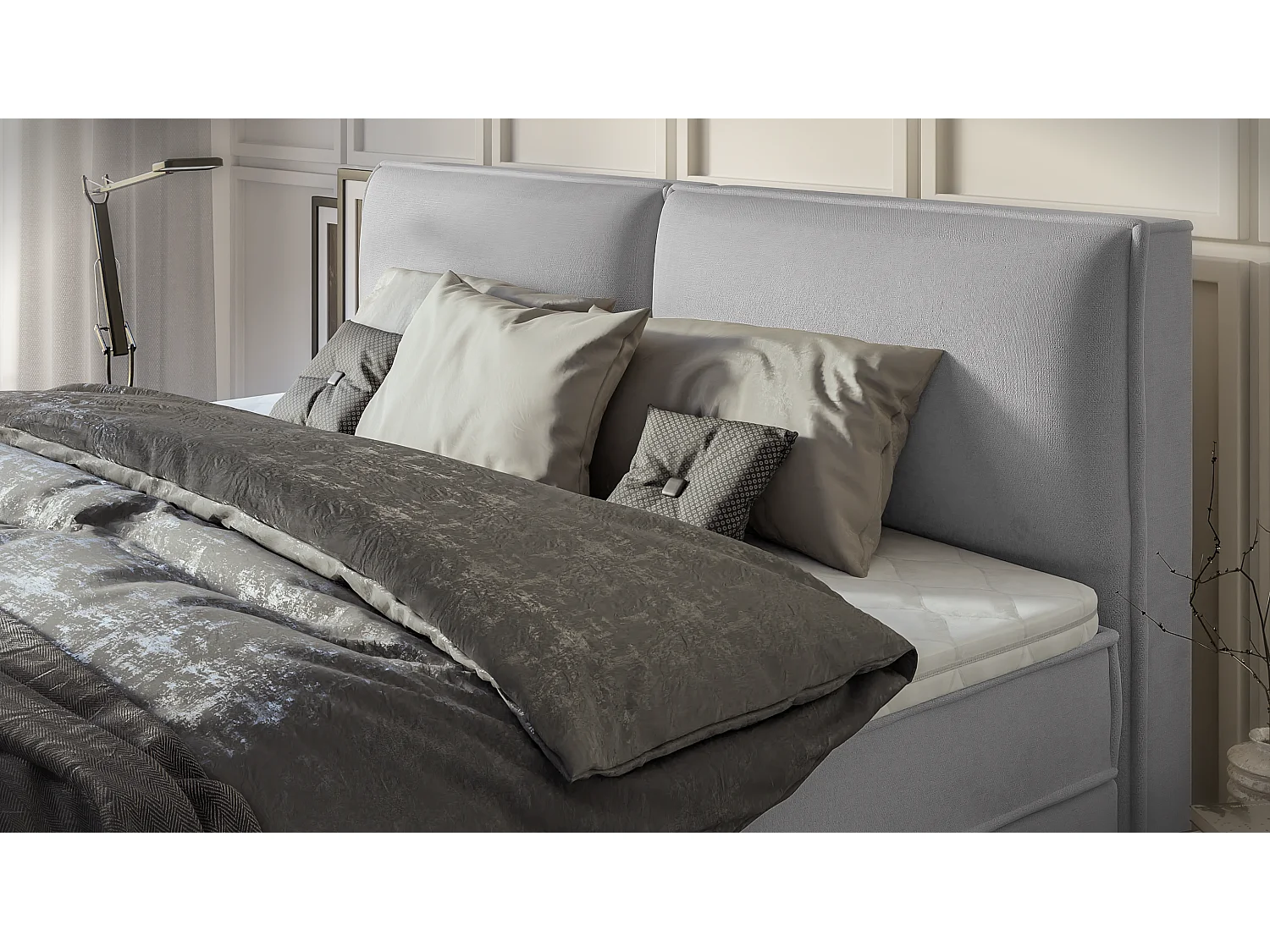 Dexter - Modernes Boxspringbett 200x200 mit Topper und Bettkästen aus Grau Luxusmicrofaser