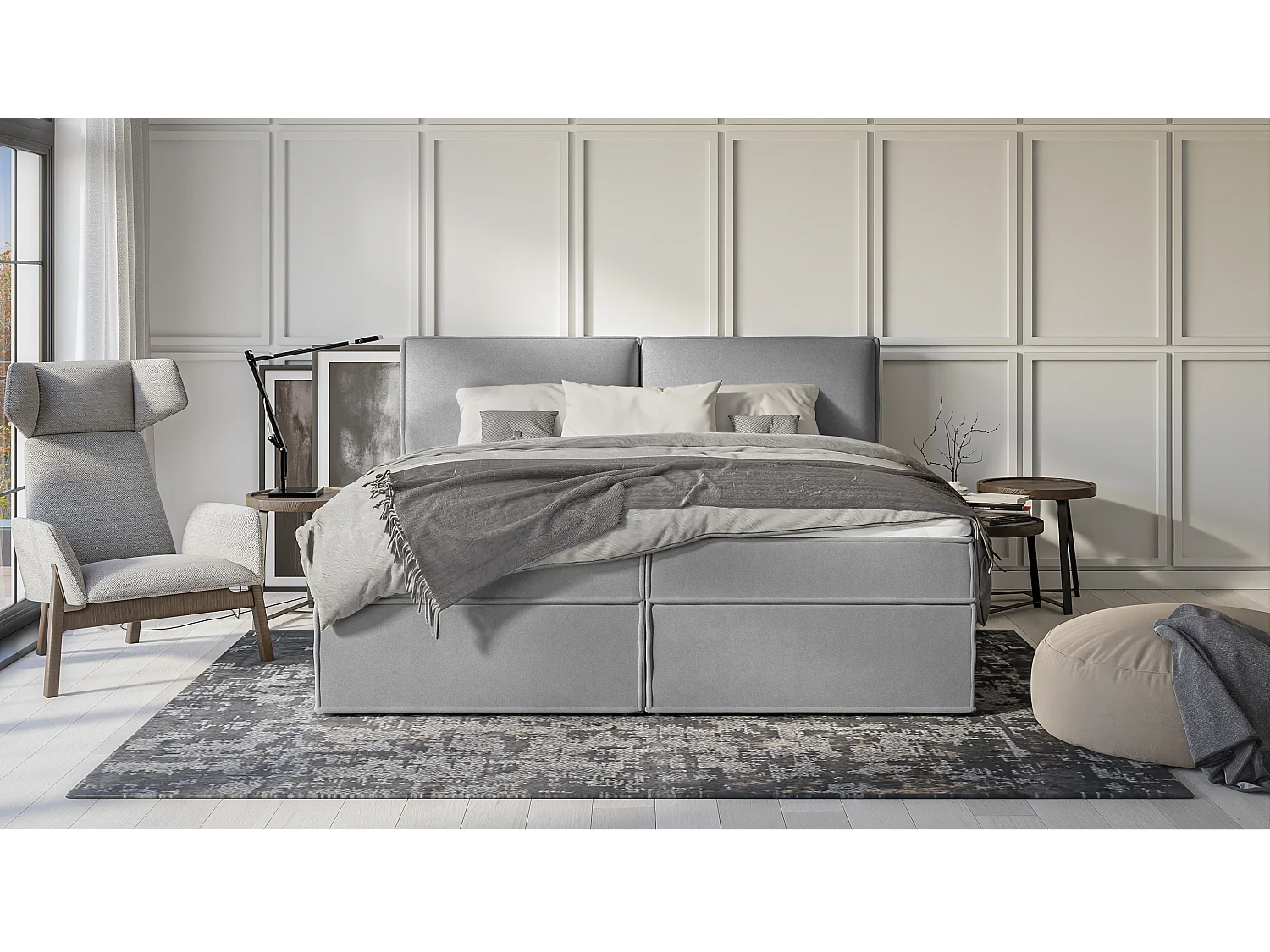 Dexter - Modernes Boxspringbett 200x200 mit Topper und Bettkästen aus Grau Luxusmicrofaser