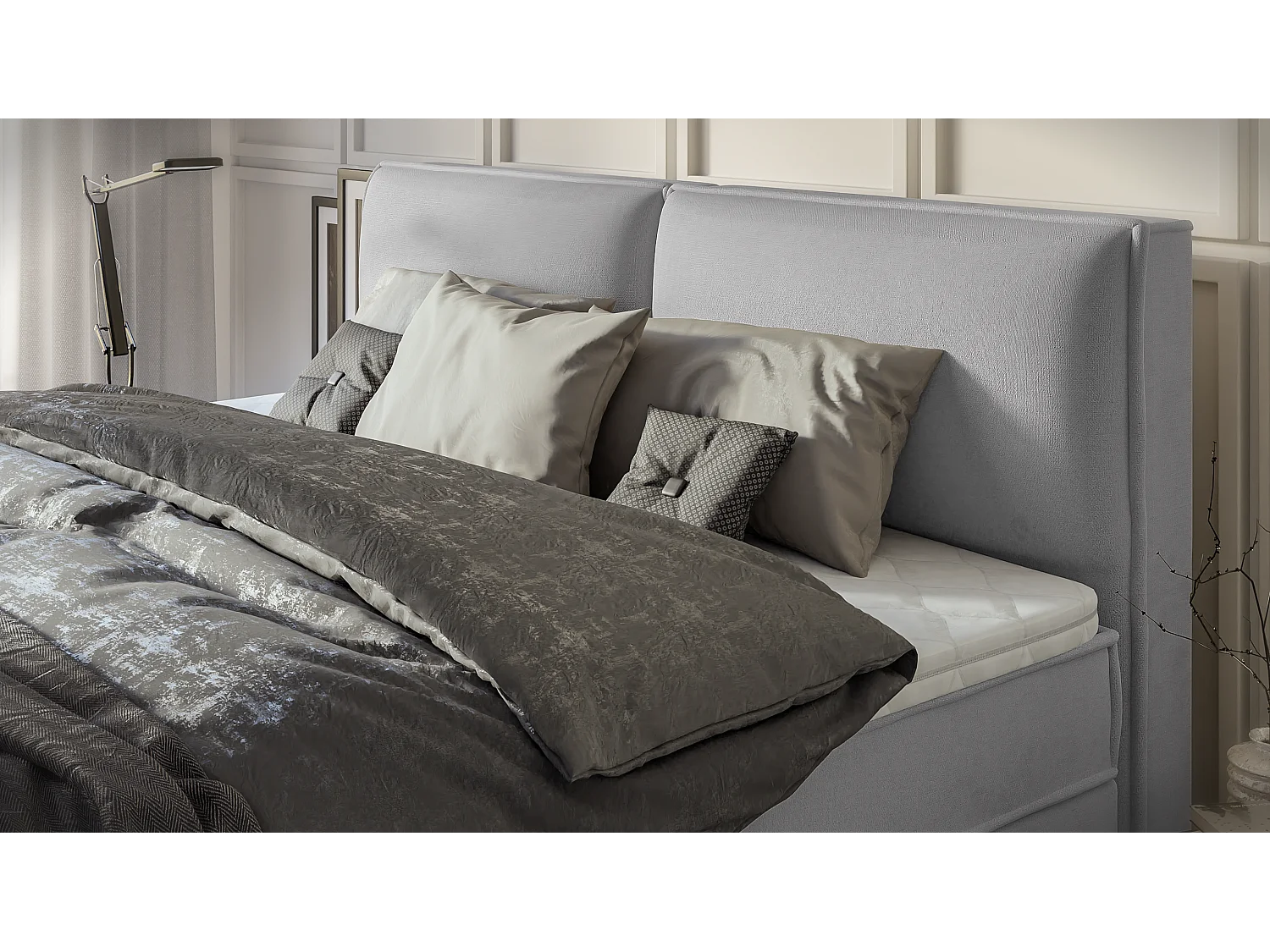 Dexter - Modernes Boxspringbett 200x200 mit Topper und Bettkästen aus Grau Luxusmicrofaser