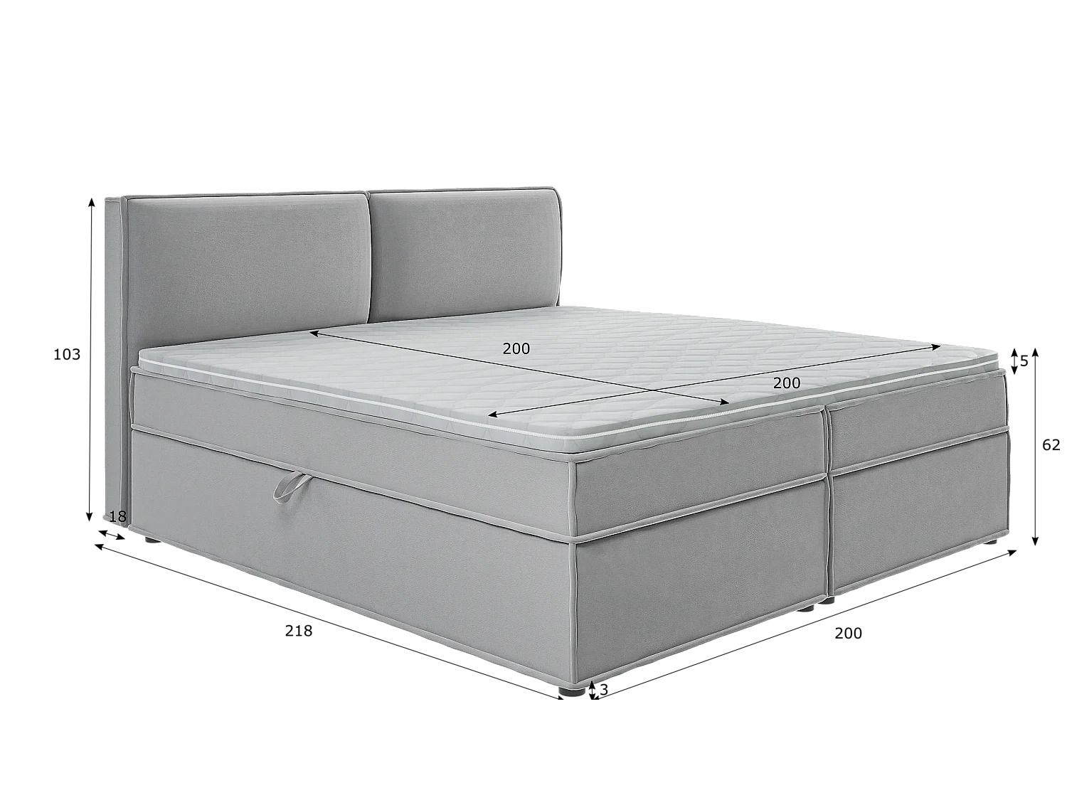 Dexter - Modernes Boxspringbett 200x200 mit Topper und Bettkästen aus Grau Luxusmicrofaser