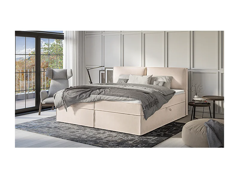 Dexter - Modernes Boxspringbett 200x200 mit Topper und Bettkästen aus Beige Luxusmicrofaser