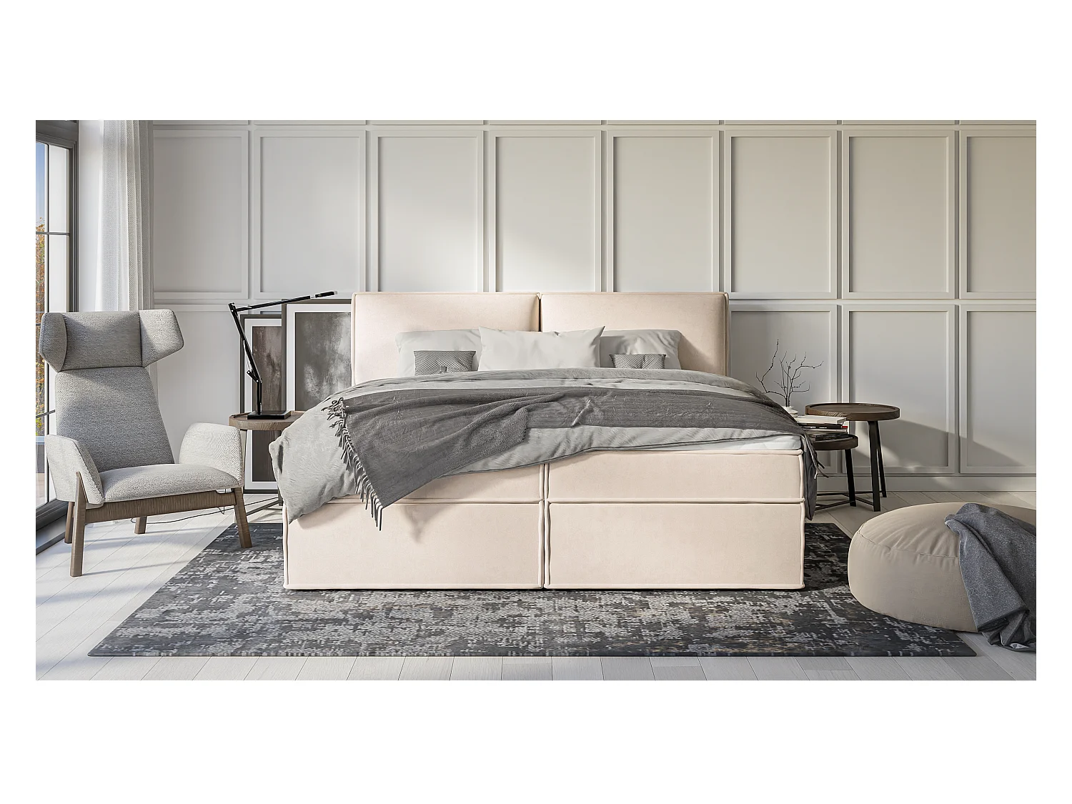 Dexter - Modernes Boxspringbett 200x200 mit Topper und Bettkästen aus Beige Luxusmicrofaser