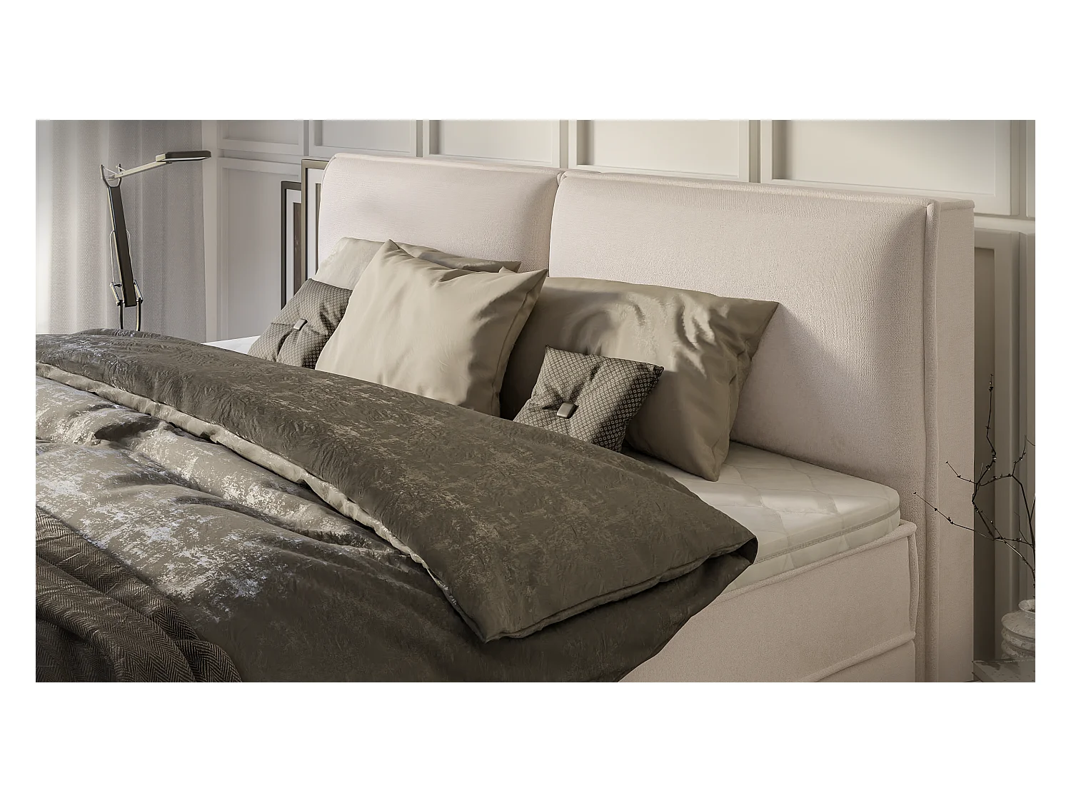 Dexter - Modernes Boxspringbett 200x200 mit Topper und Bettkästen aus Beige Luxusmicrofaser