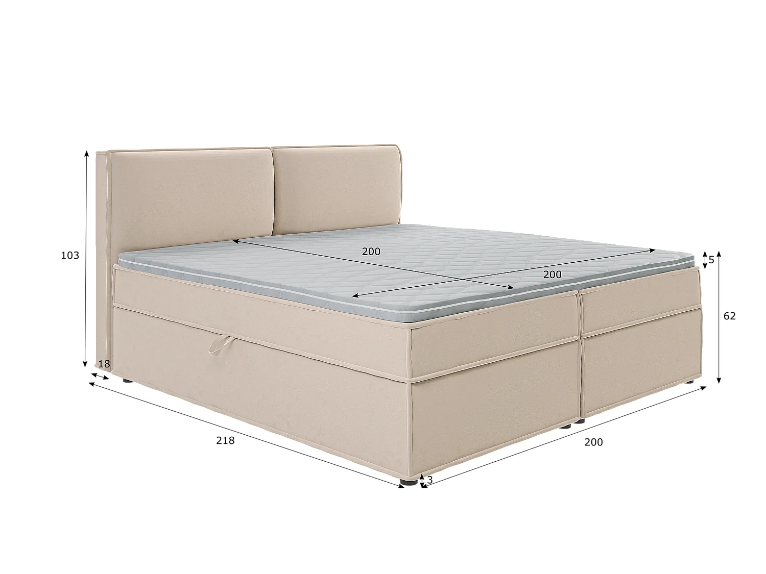 Dexter - Modernes Boxspringbett 200x200 mit Topper und Bettkästen aus Beige Luxusmicrofaser