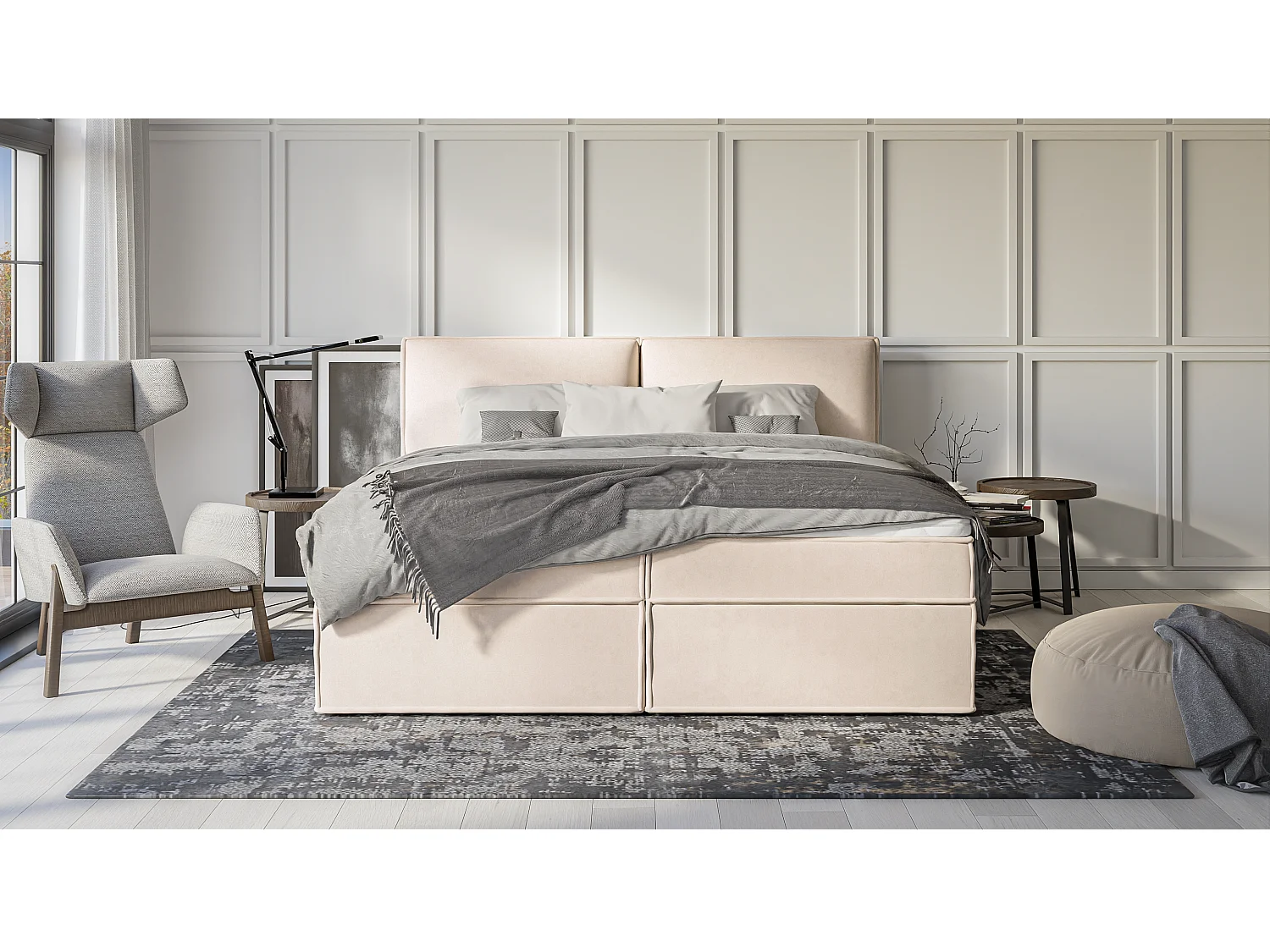 Dexter - Modernes Boxspringbett 200x200 mit Topper und Bettkästen aus Beige Luxusmicrofaser