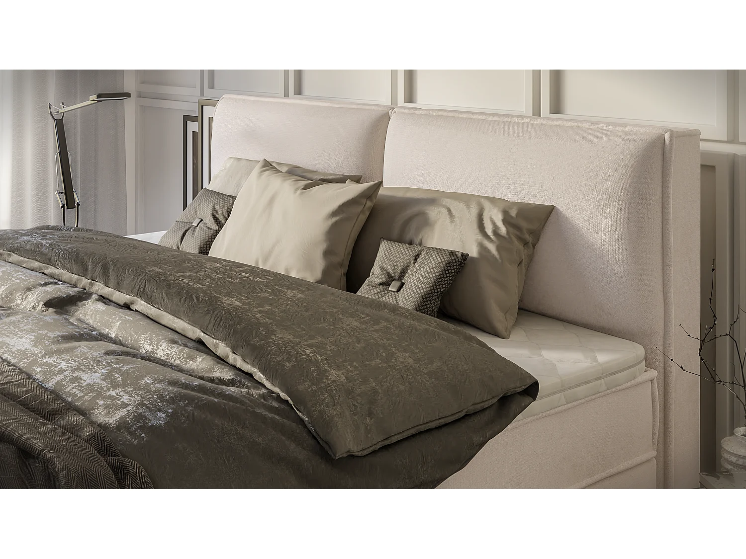 Dexter - Modernes Boxspringbett 200x200 mit Topper und Bettkästen aus Beige Luxusmicrofaser