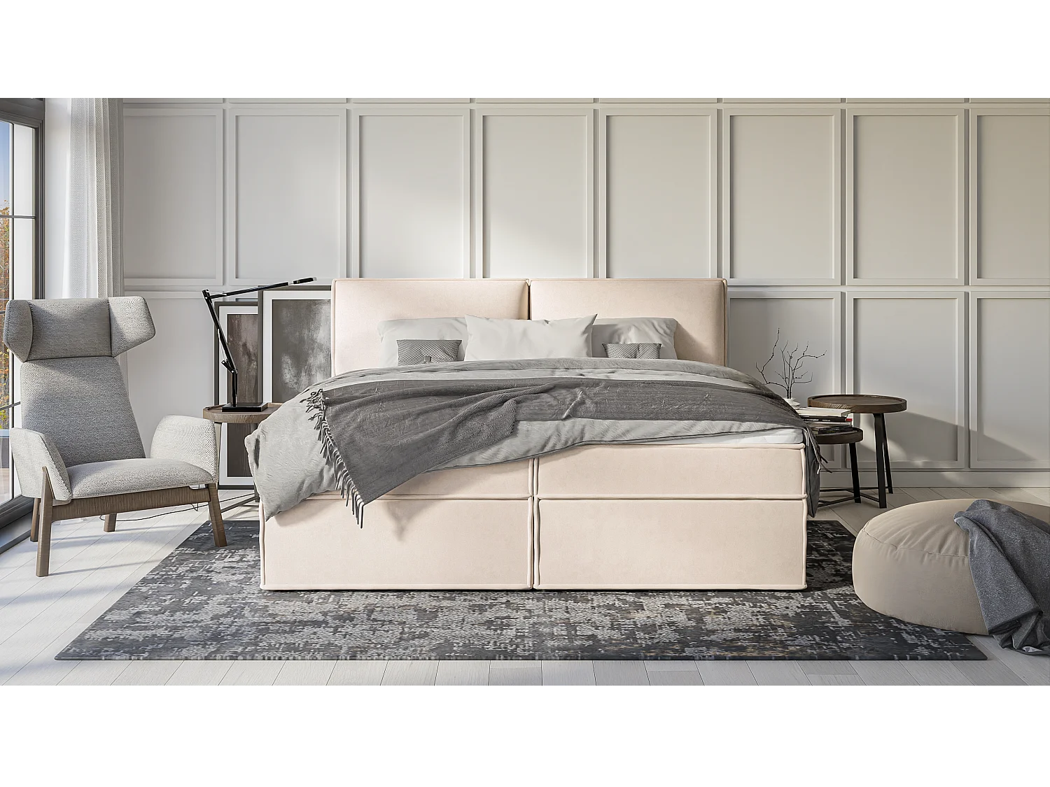 Dexter - Modernes Boxspringbett 200x200 mit Topper und Bettkästen aus Beige Luxusmicrofaser