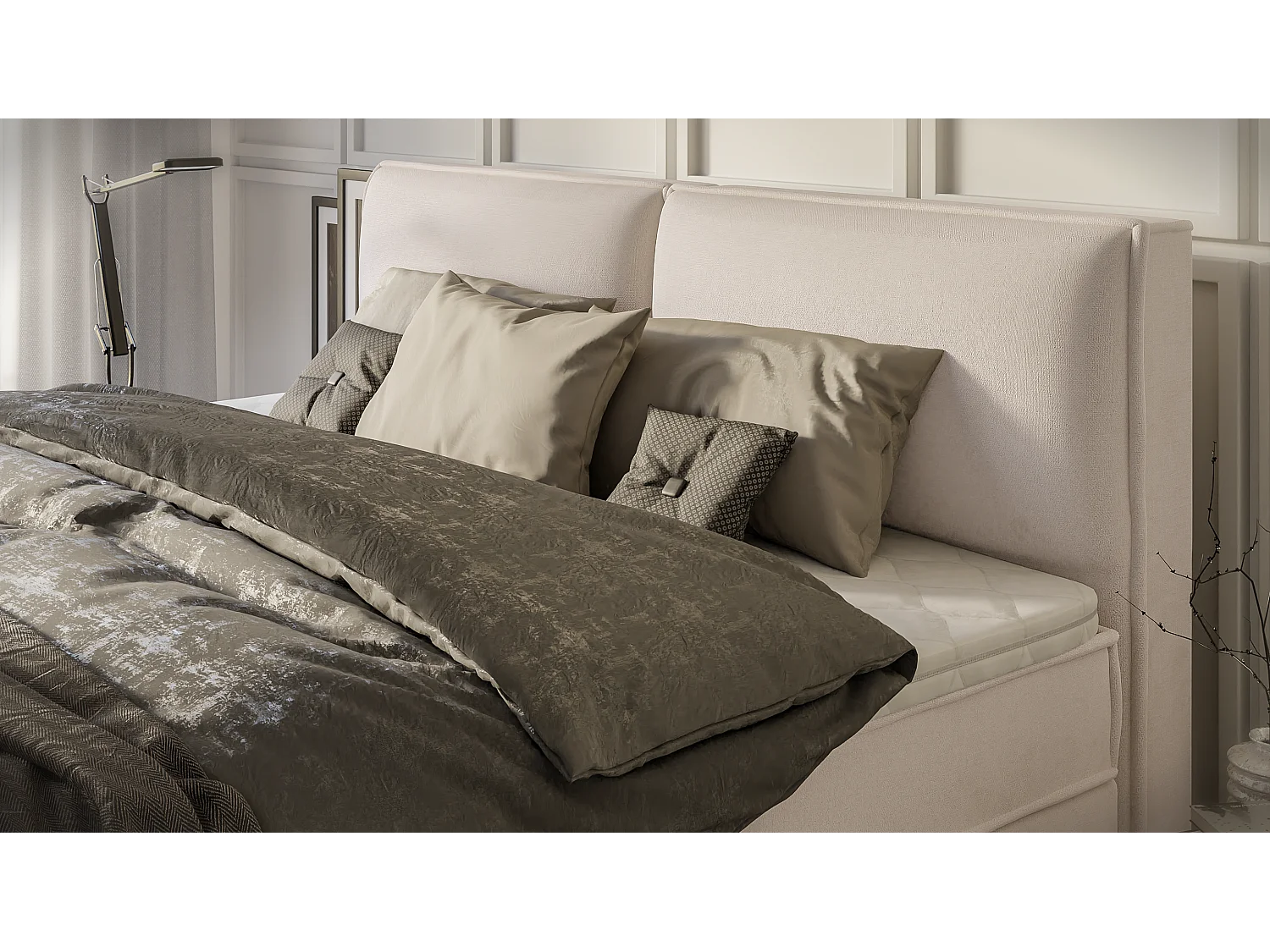 Dexter - Modernes Boxspringbett 200x200 mit Topper und Bettkästen aus Beige Luxusmicrofaser