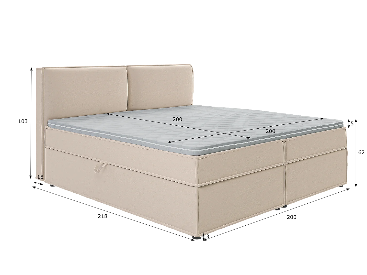 Dexter - Modernes Boxspringbett 200x200 mit Topper und Bettkästen aus Beige Luxusmicrofaser