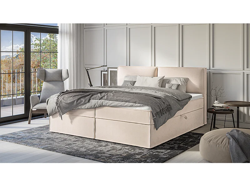 Dexter - Modernes Boxspringbett 200x200 mit Topper und Bettkästen aus Beige Luxusmicrofaser