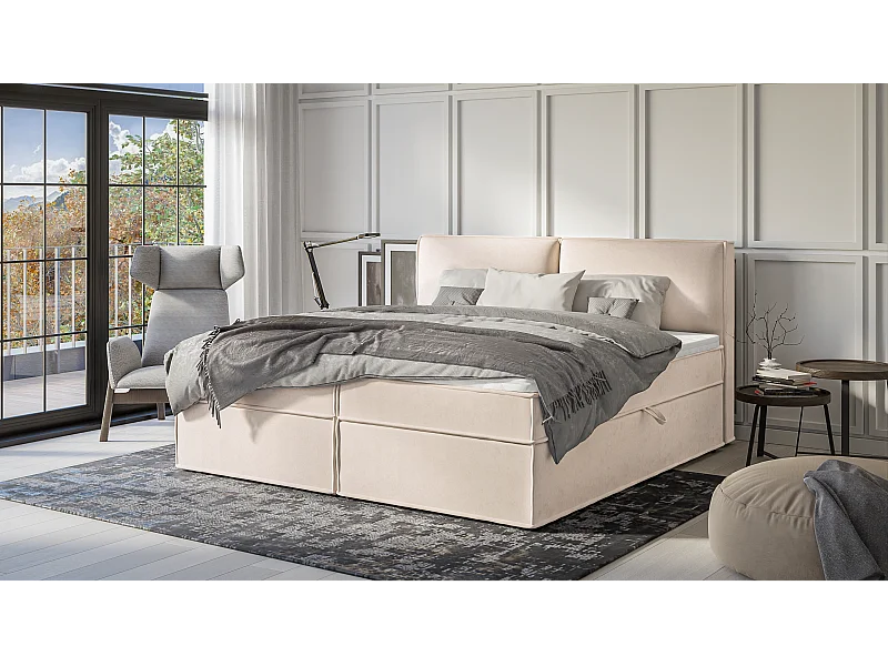 Dexter - Modernes Boxspringbett 200x200 mit Topper und Bettkästen aus Beige Luxusmicrofaser