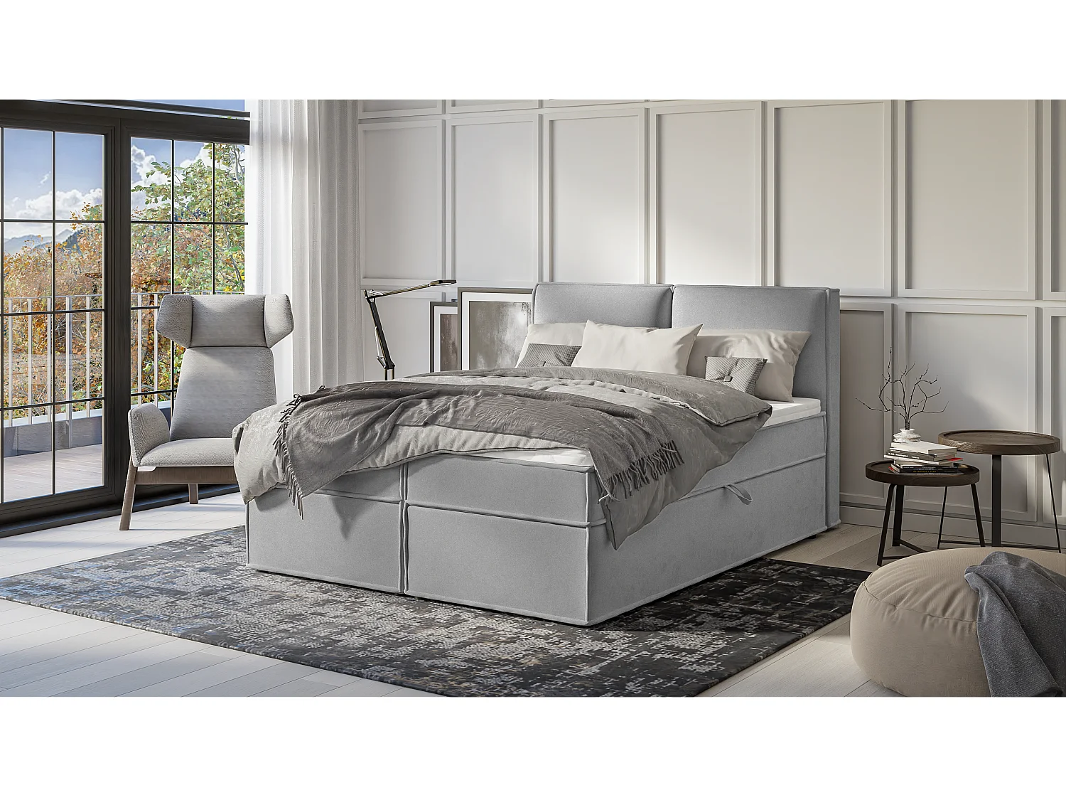 Dexter - Modernes Boxspringbett 160x200 mit Topper und Bettkästen aus Grau Luxusmicrofaser