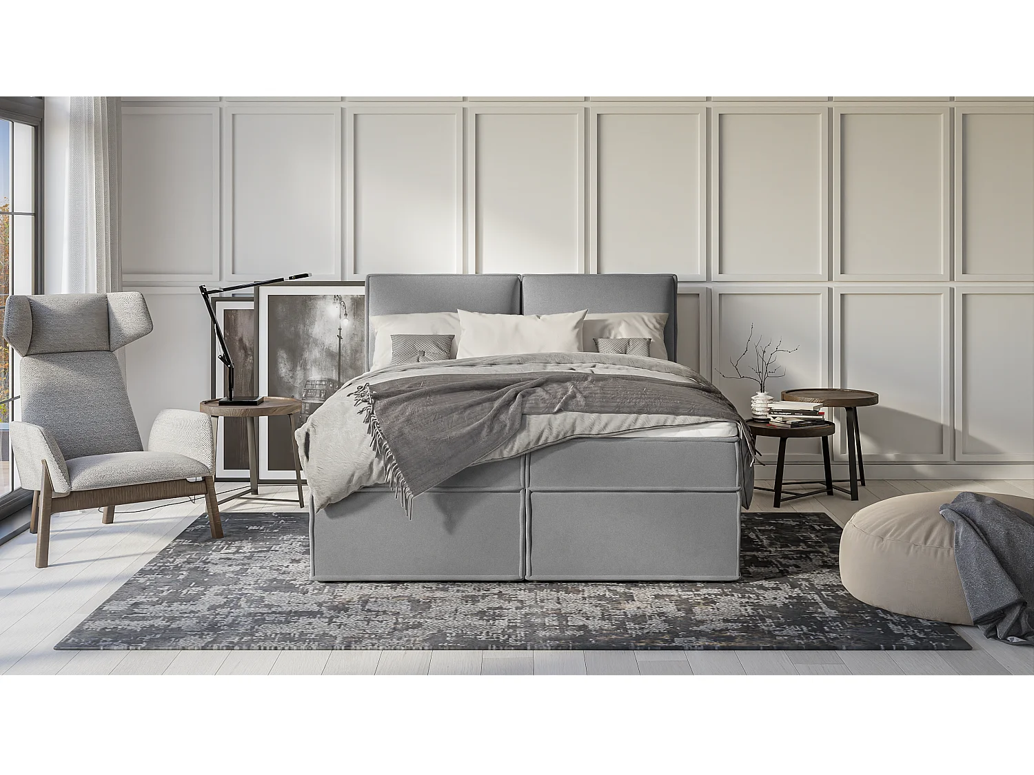 Dexter - Modernes Boxspringbett 160x200 mit Topper und Bettkästen aus Grau Luxusmicrofaser