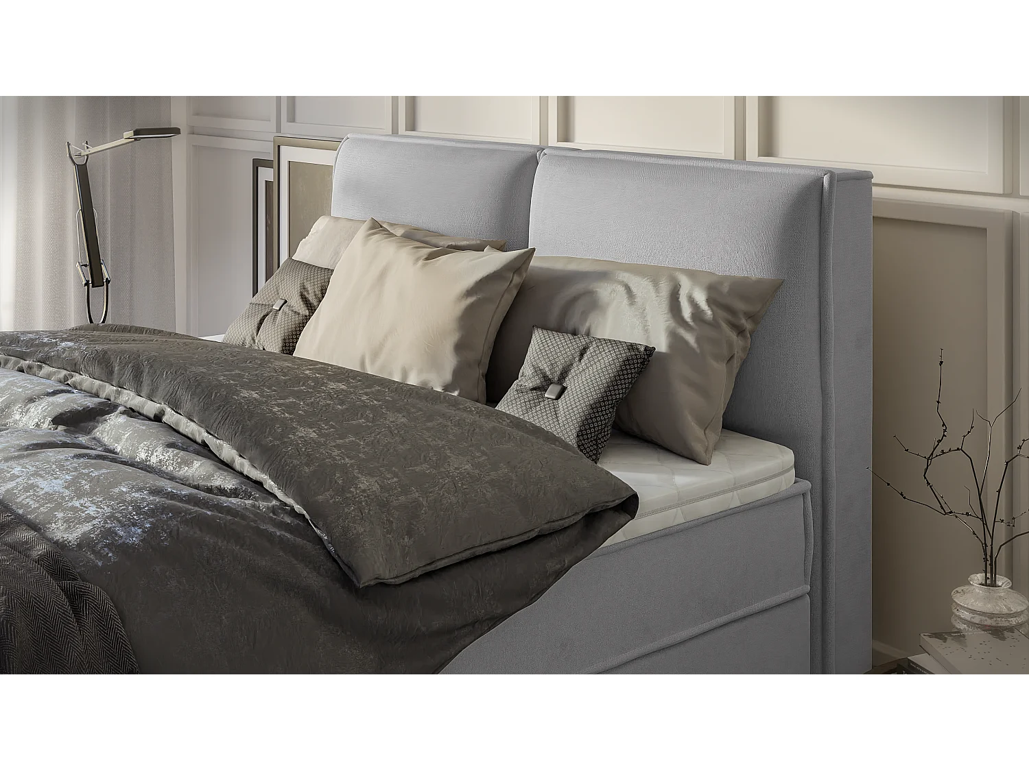 Dexter - Modernes Boxspringbett 160x200 mit Topper und Bettkästen aus Grau Luxusmicrofaser