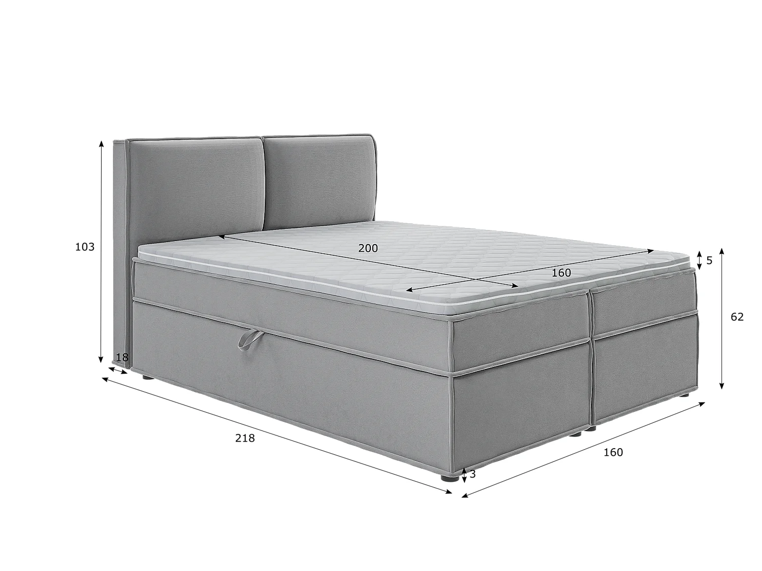 Dexter - Modernes Boxspringbett 160x200 mit Topper und Bettkästen aus Grau Luxusmicrofaser