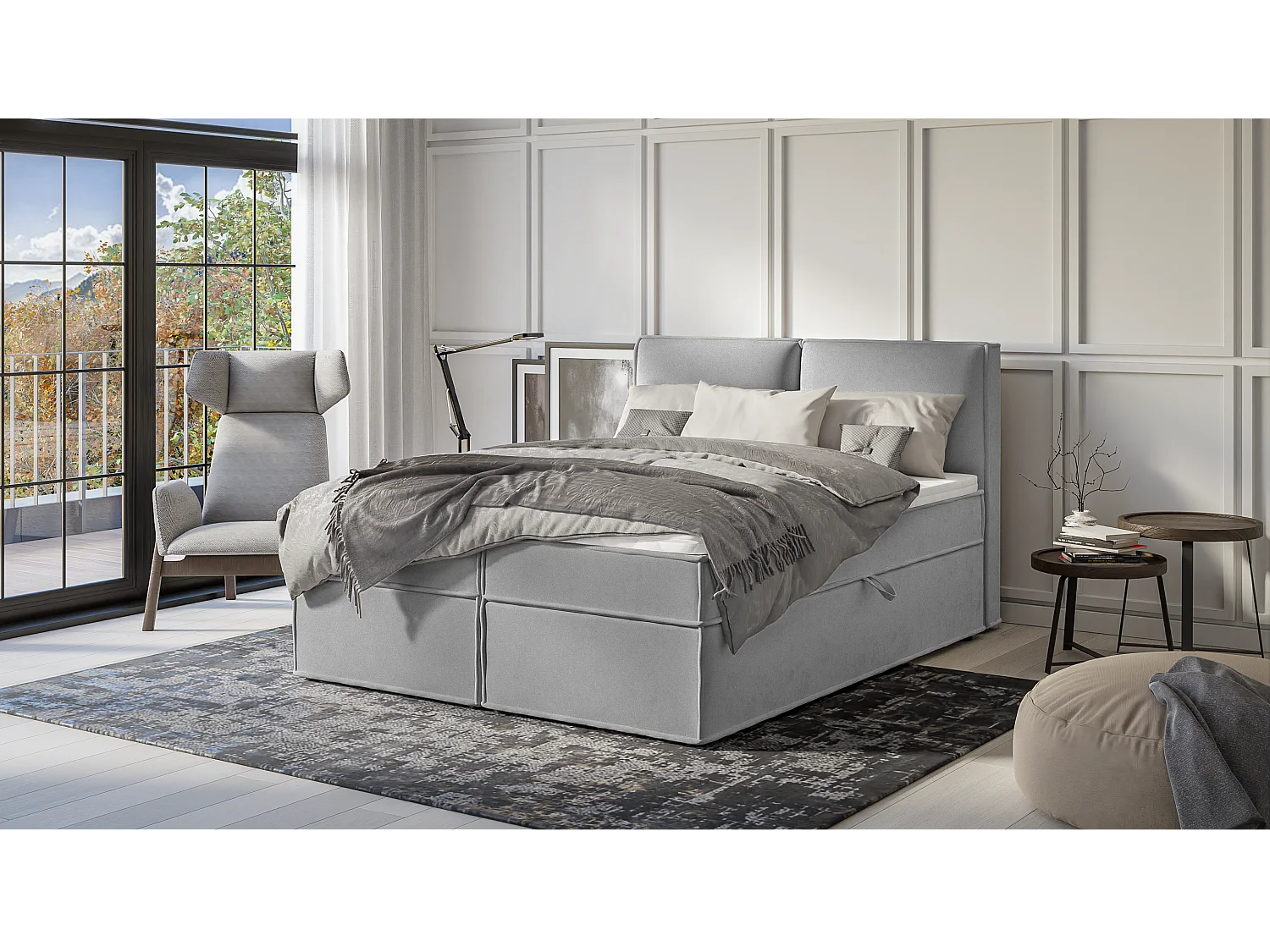 Dexter - Modernes Boxspringbett 160x200 mit Topper und Bettkästen aus Grau Luxusmicrofaser