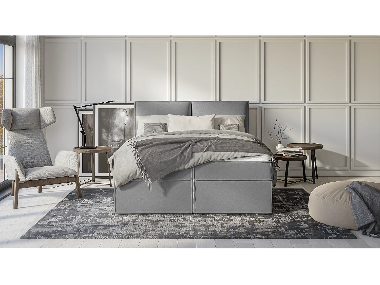 Dexter - Modernes Boxspringbett 160x200 mit Topper und Bettkästen aus Grau Luxusmicrofaser