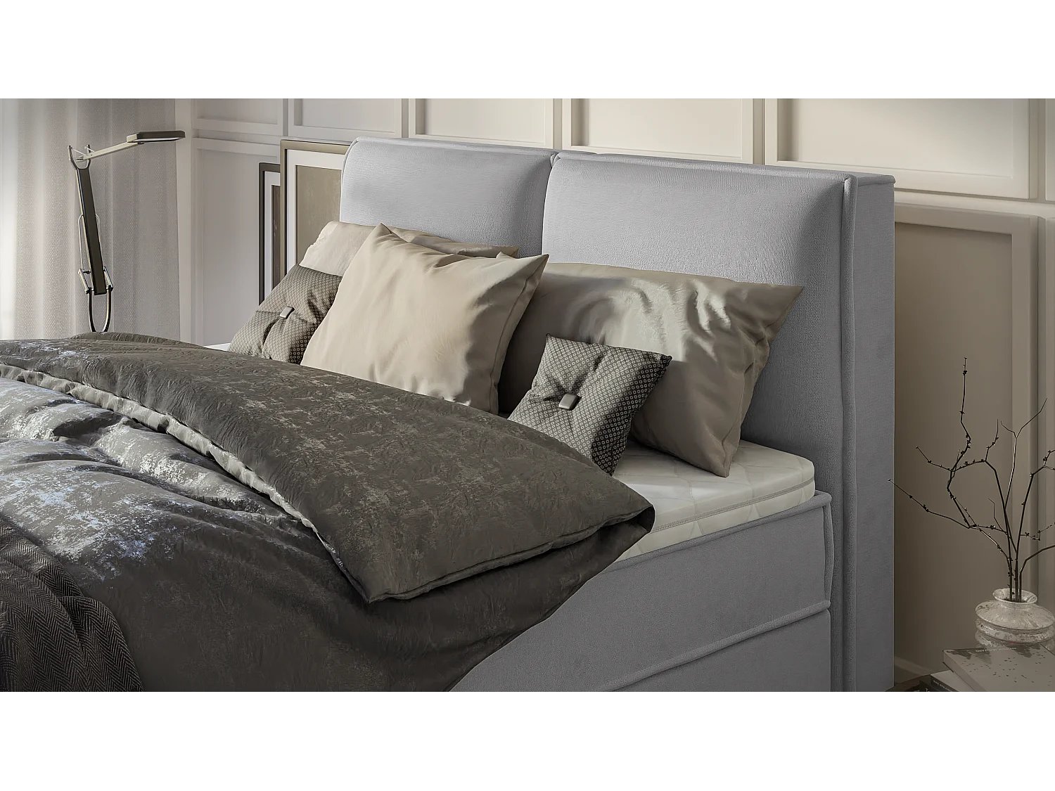 Dexter - Modernes Boxspringbett 160x200 mit Topper und Bettkästen aus Grau Luxusmicrofaser